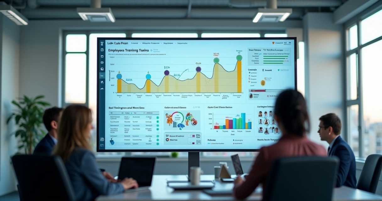 Gestor de RH acompanhando painel digital de treinamentos 