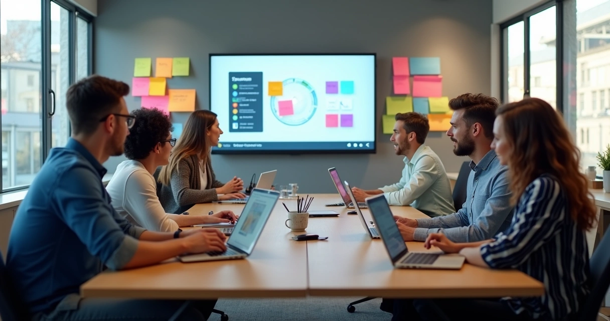 Equipe assistindo treinamento digital em escritório moderno 