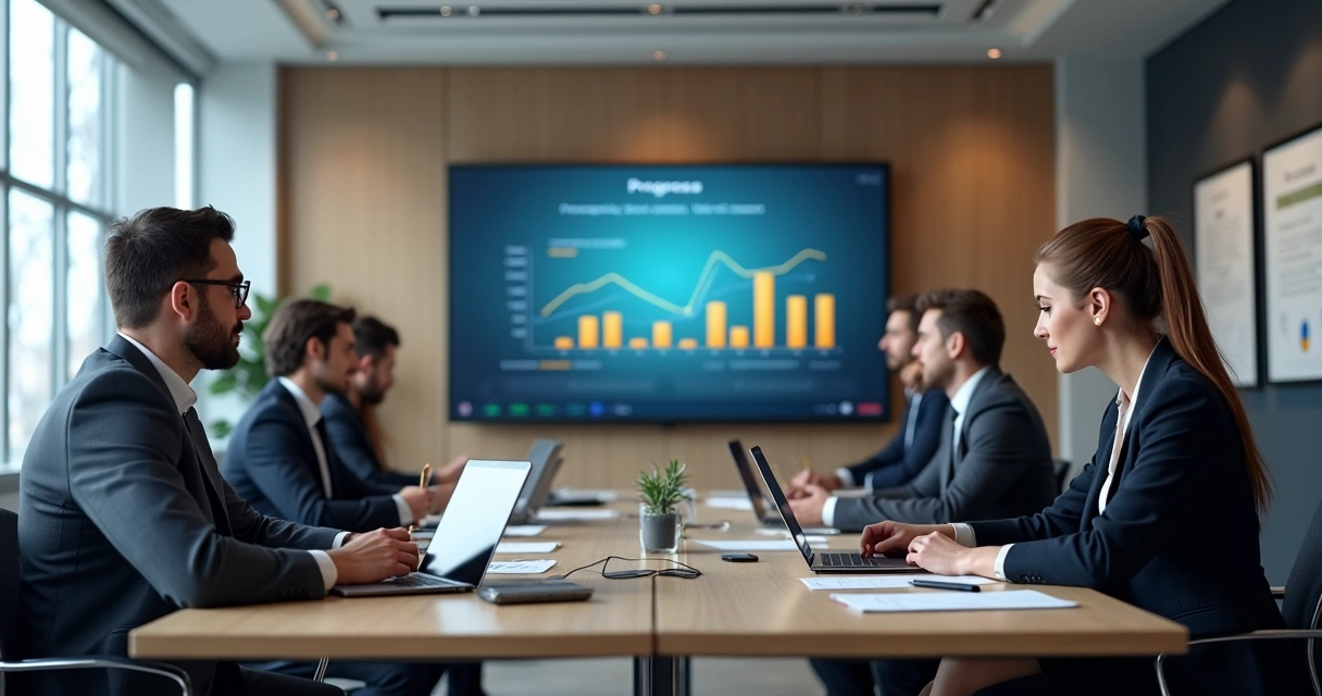 Treinamento corporativo online com profissionais assistindo aula, gráficos na tela 
