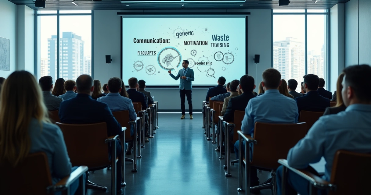 Equipe grande em sala de treinamento corporativo com muitas cadeiras vazias 