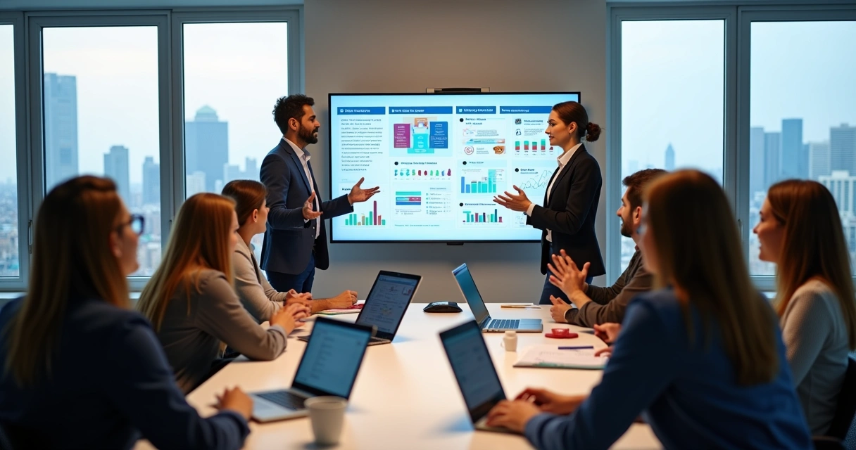 Equipe em treinamento corporativo interativo em sala moderna 