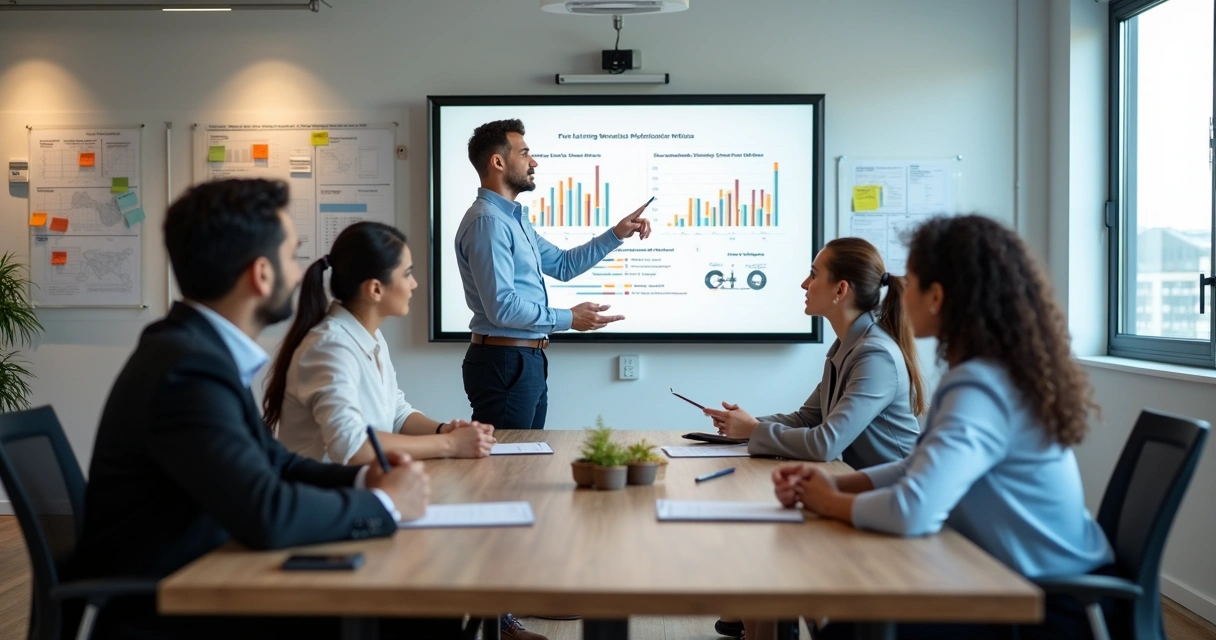 Equipe em treinamento presencial com instrutor e lousa digital