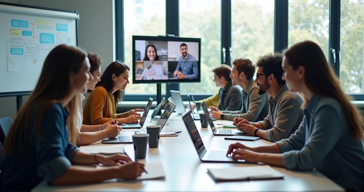 Equipe diversa em ambiente corporativo moderno realizando treinamento online com computadores e tablets 