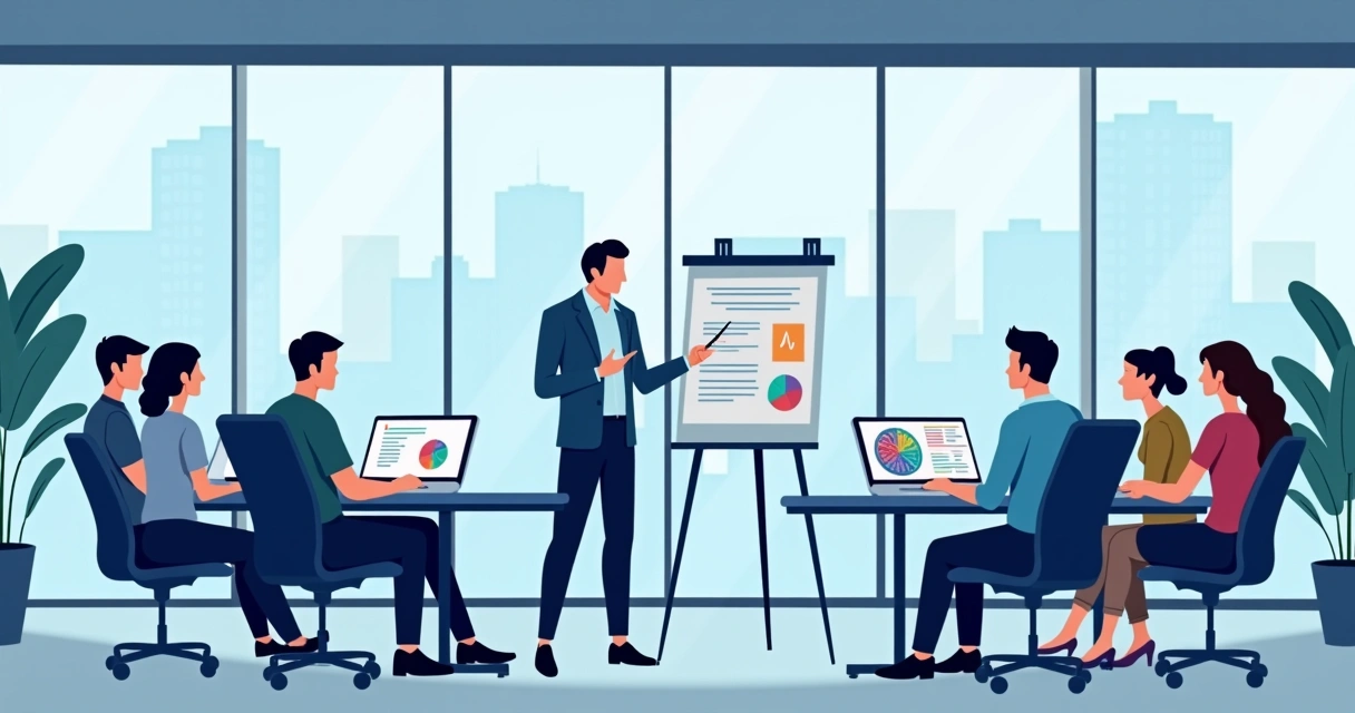 Equipe em treinamento corporativo com instrutor e computadores, em sala moderna 