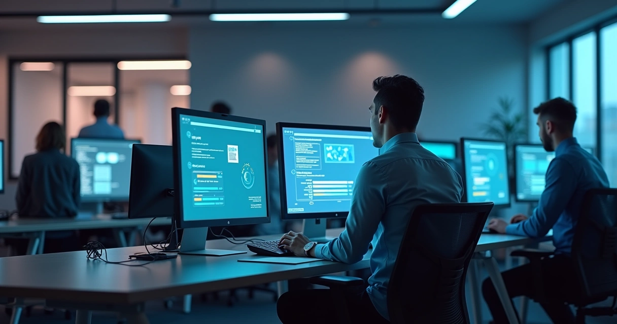 Funcionários participando de treinamento gamificado em computadores 