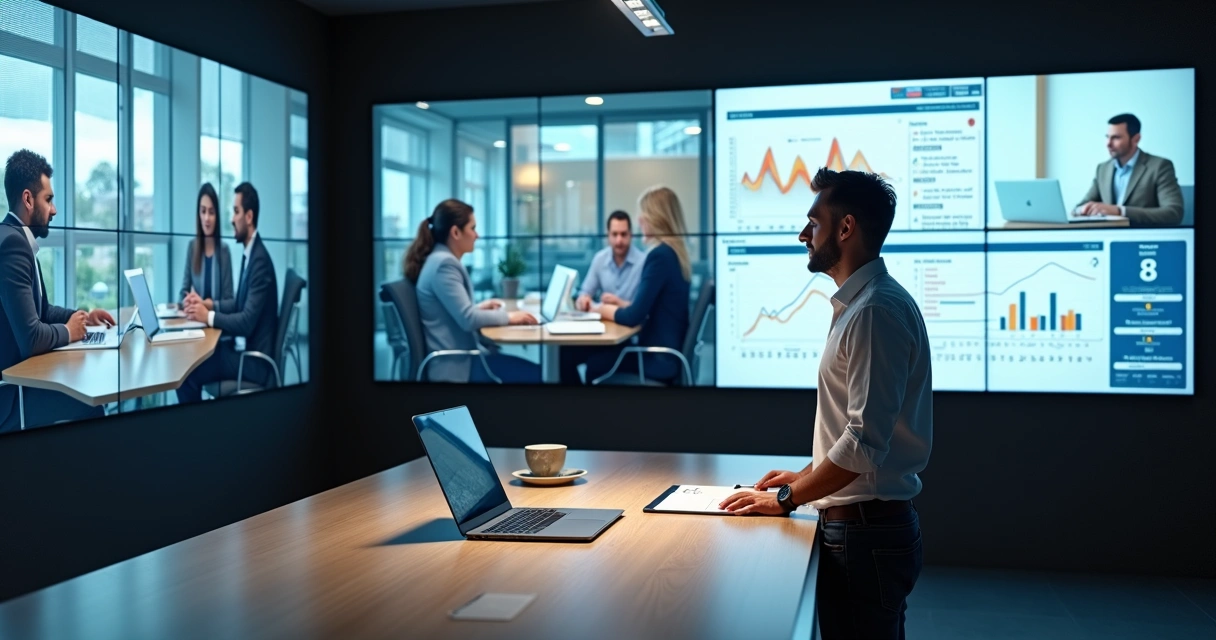Sala moderna com gestor conduzindo treinamento corporativo híbrido 