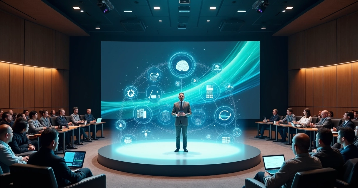 Líder corporativo em auditório assistindo holograma de inteligencia artificial em treinamento 