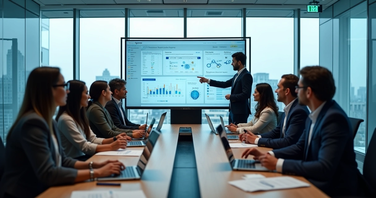 Equipe de treinamento corporativo usando IA e LMS em ambiente moderno de escritório 