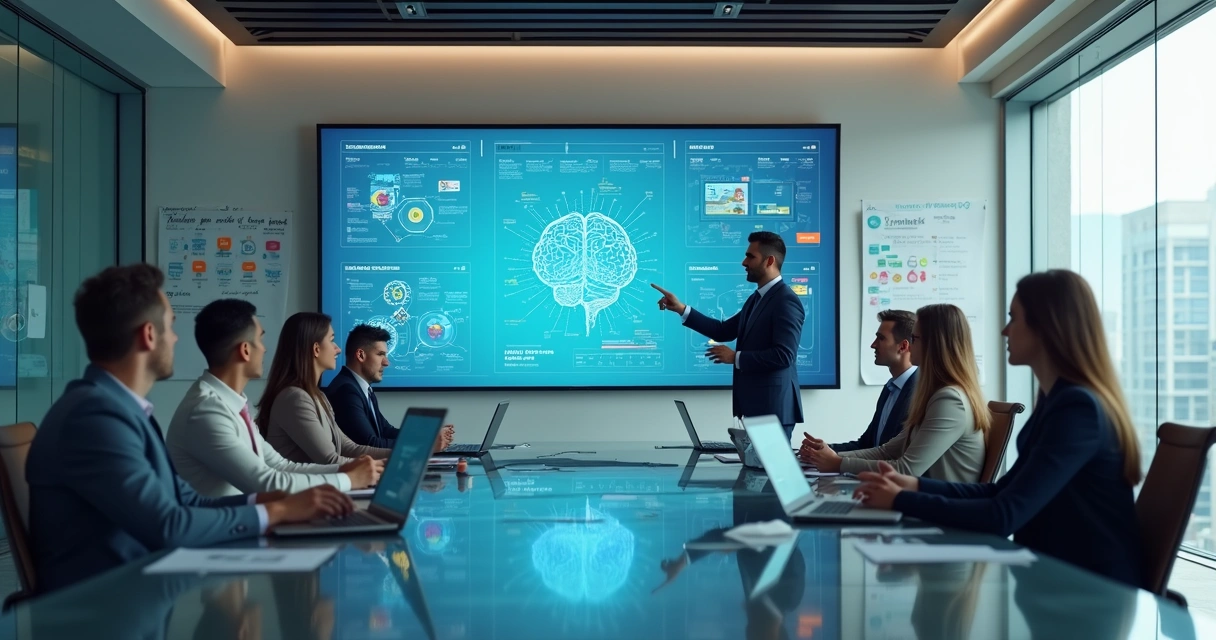 Equipe em treinamento corporativo com IA em ambiente moderno de escritório 