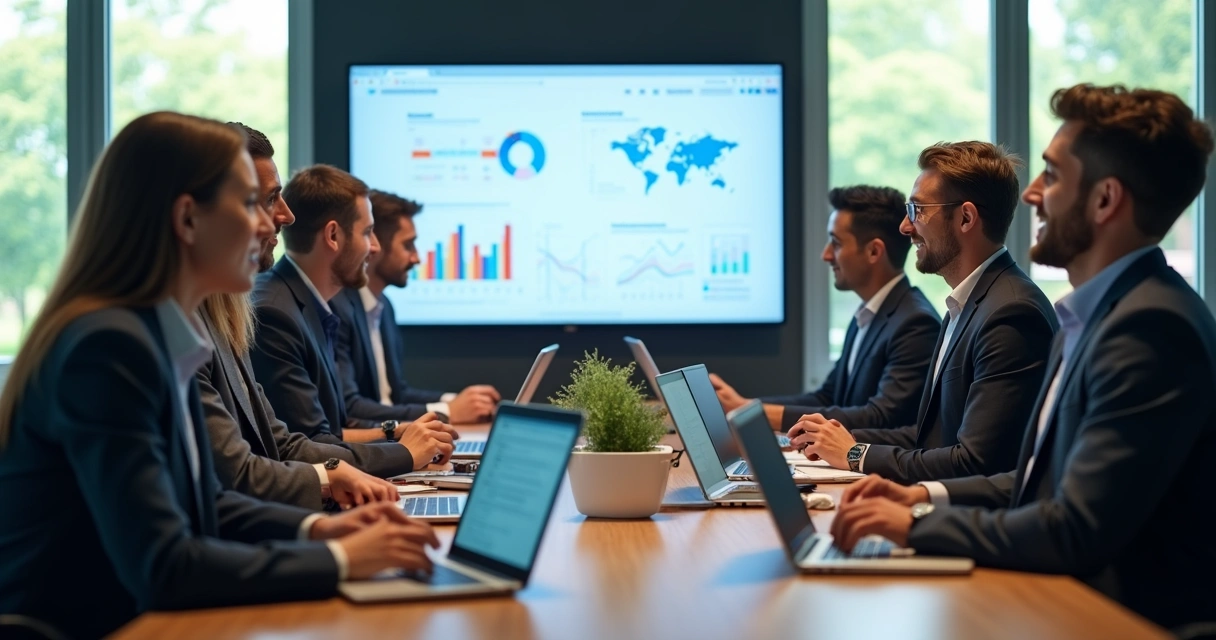 Equipe empresarial treinando em ambiente digital 