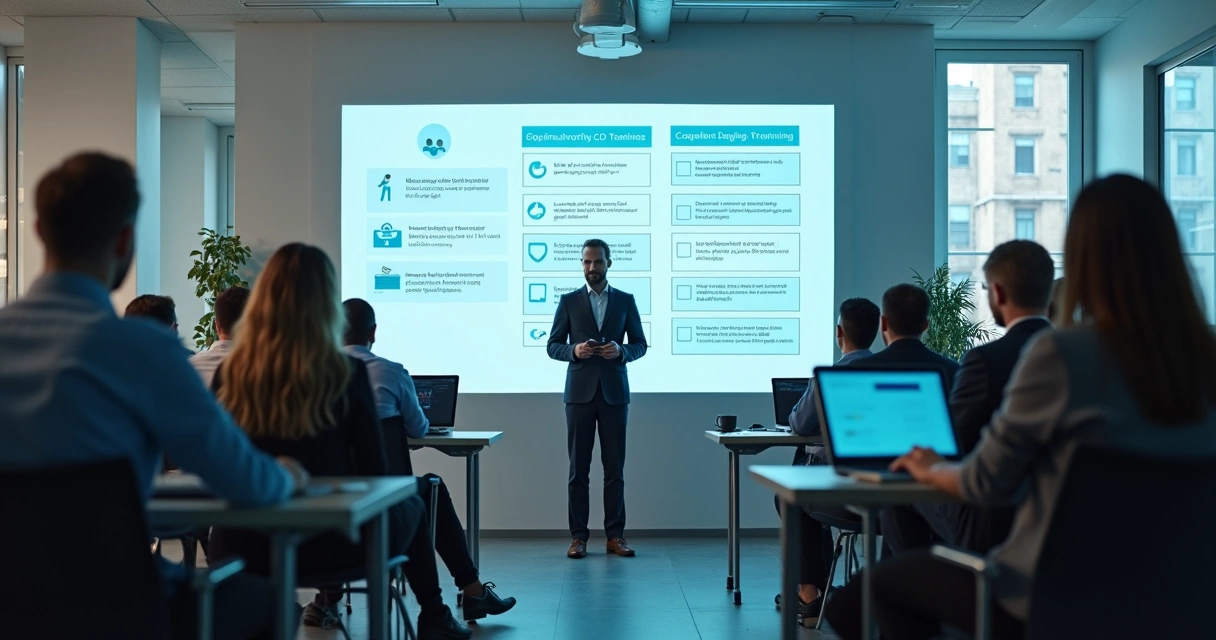 Equipe assistindo treinamento presencial e online integrados 