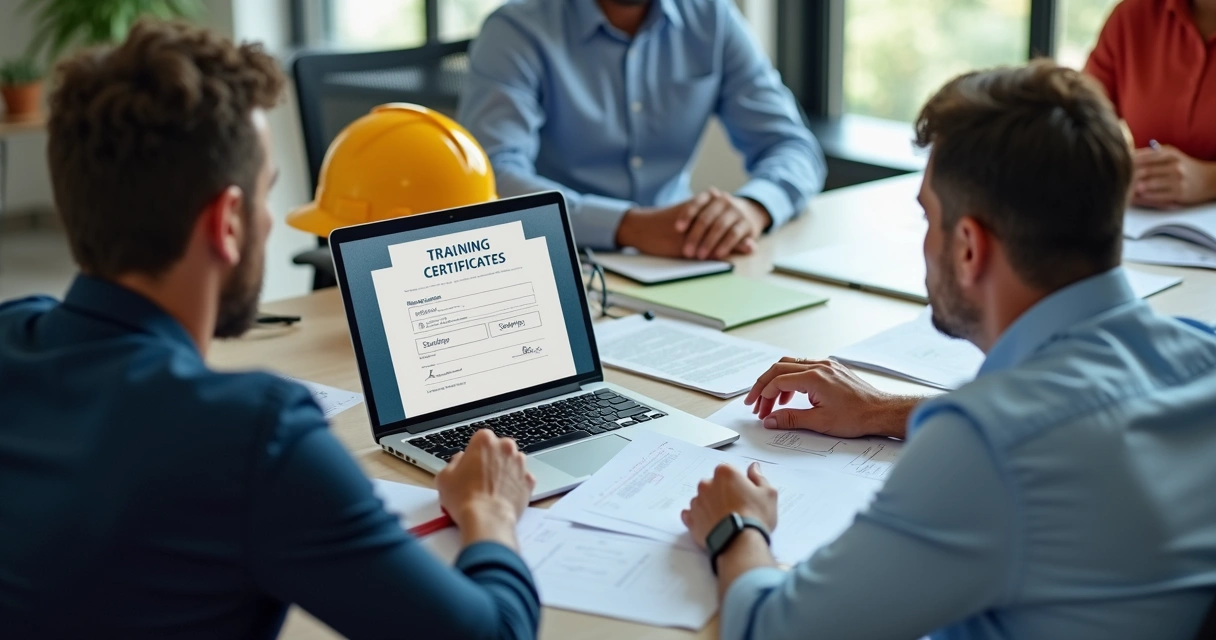 Equipe analisando certificado digital de treinamento NR