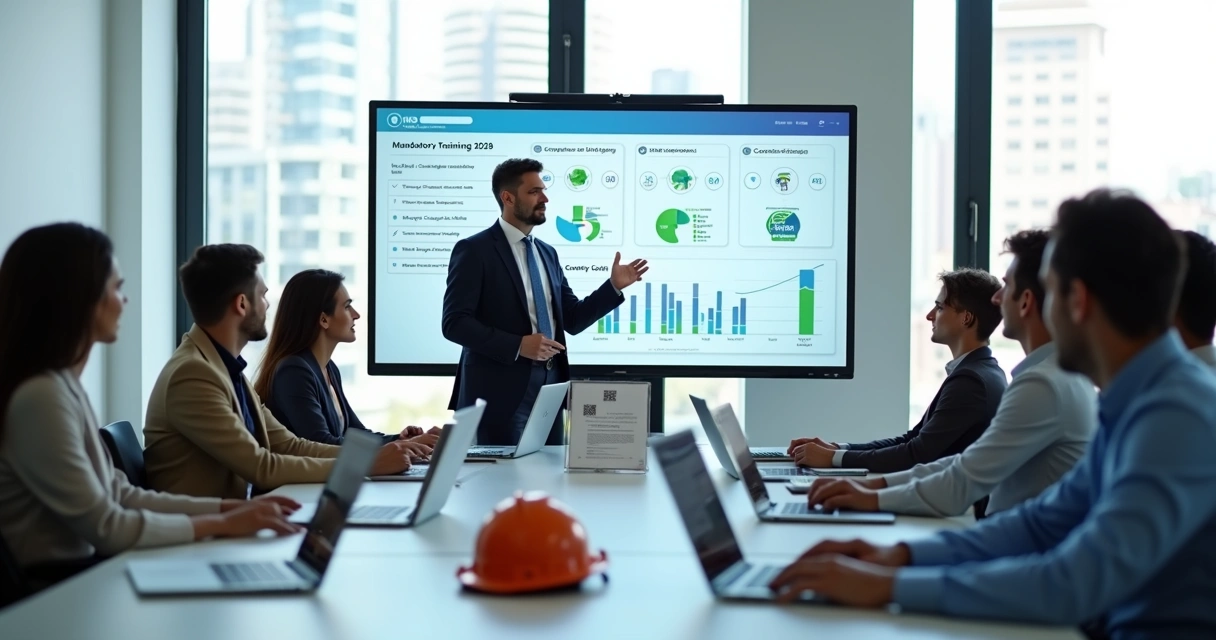 Equipe corporativa em treinamento obrigatório com instrutor e recursos digitais 