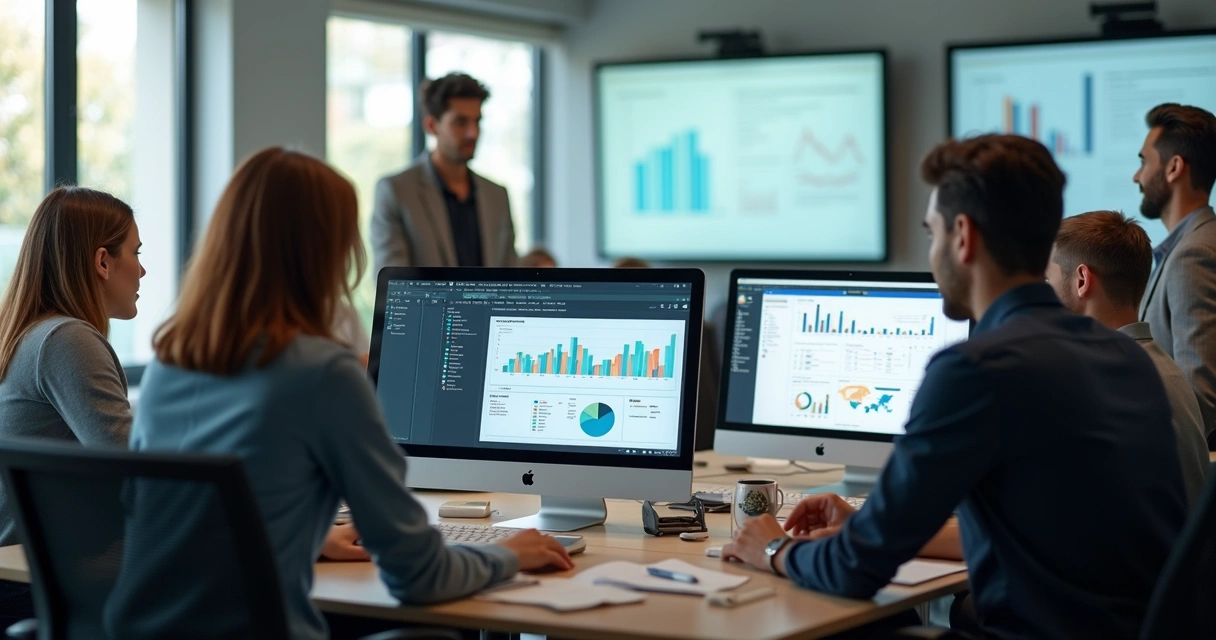 Equipe assistindo a treinamento em computadores 