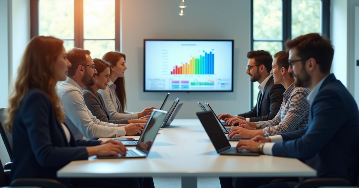 Equipe assistindo treinamento corporativo online na empresa 