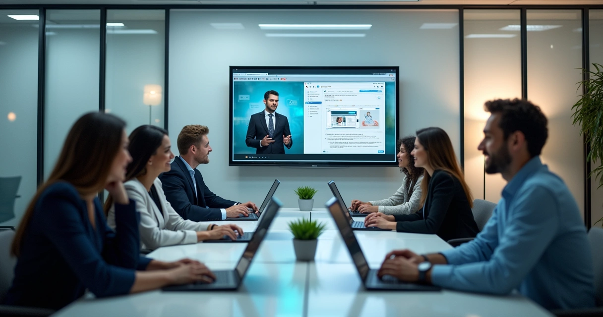 Profissionais em escritório moderno assistindo aula online para educação corporativa em laptops e telas grandes 