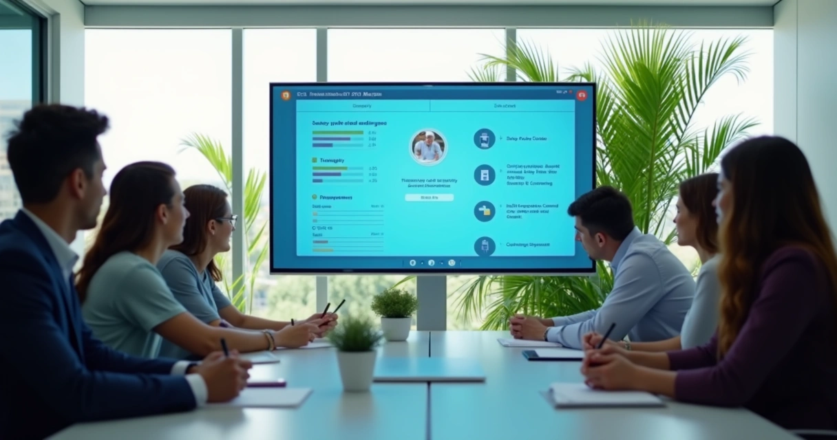 Colaboradores assistindo treinamento online em sala de reunião