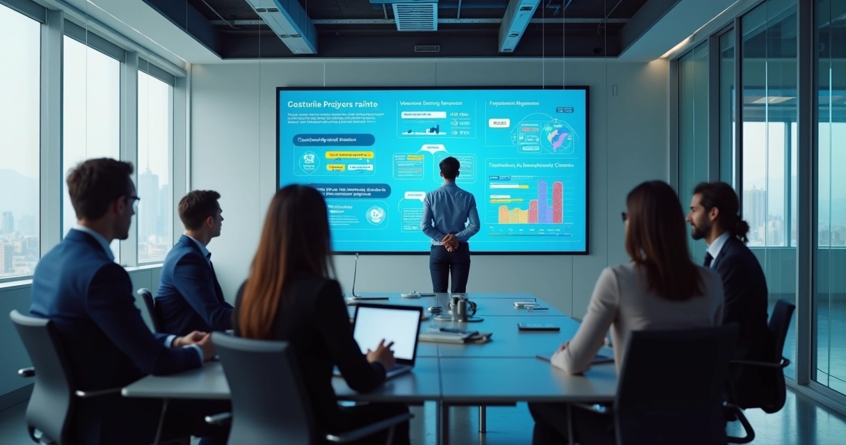 Ambiente corporativo com profissionais interagindo com assistente de IA em tela digital, mostrando gráficos e dados personalizados para treinamentos 