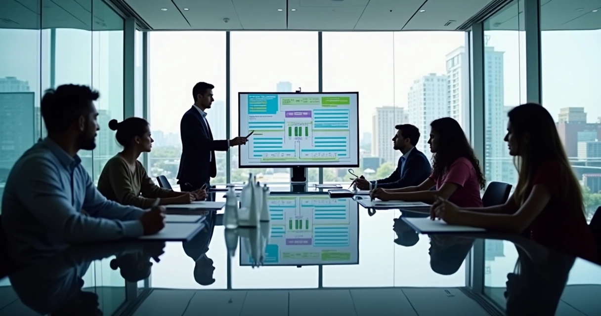 Colaboradores assistindo a treinamento em sala de reunião