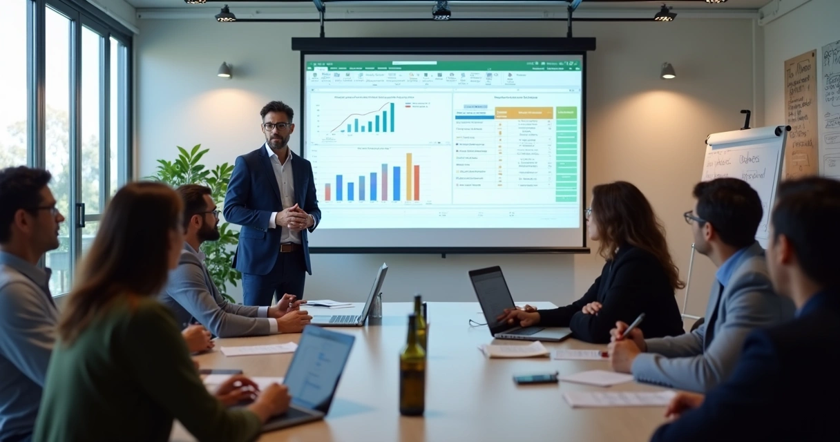 Equipe corporativa brasileira em treinamento presencial com instrutor e tela projetada 