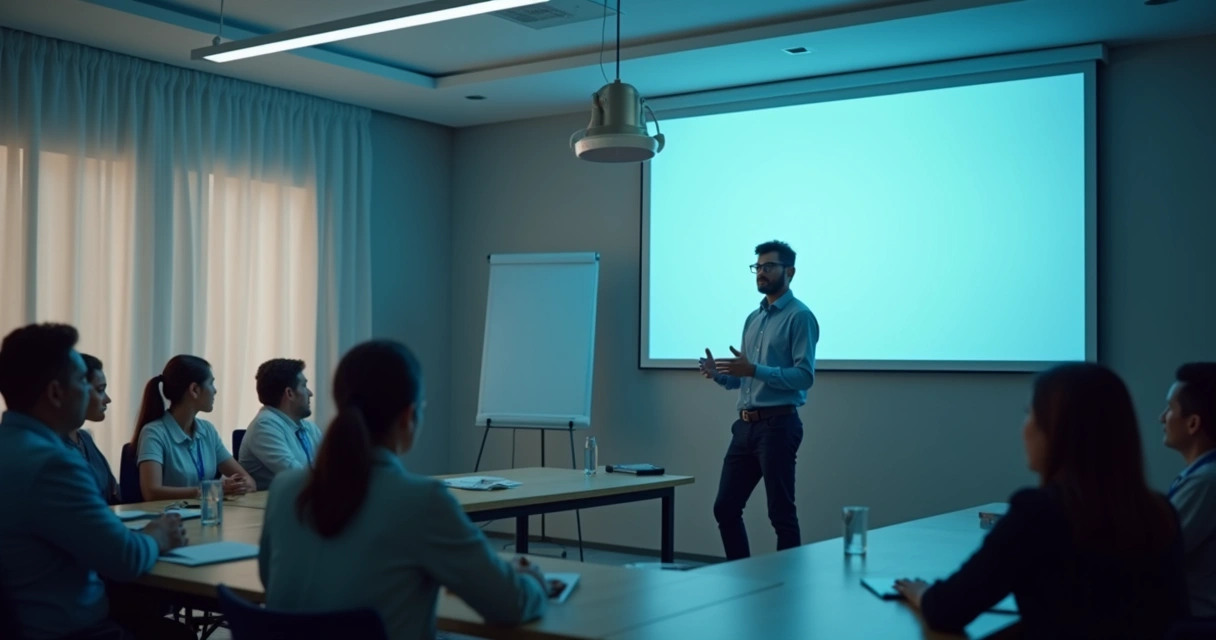 Equipe de profissionais de saúde em treinamento corporativo com líder apresentando dados em sala moderna 