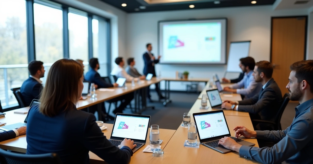 Sala de treinamento com tablets em cada mesa, ambiente moderno e iluminado 