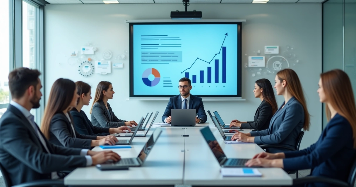 Profissionais em sala de treinamento usando notebooks e monitor com gráficos