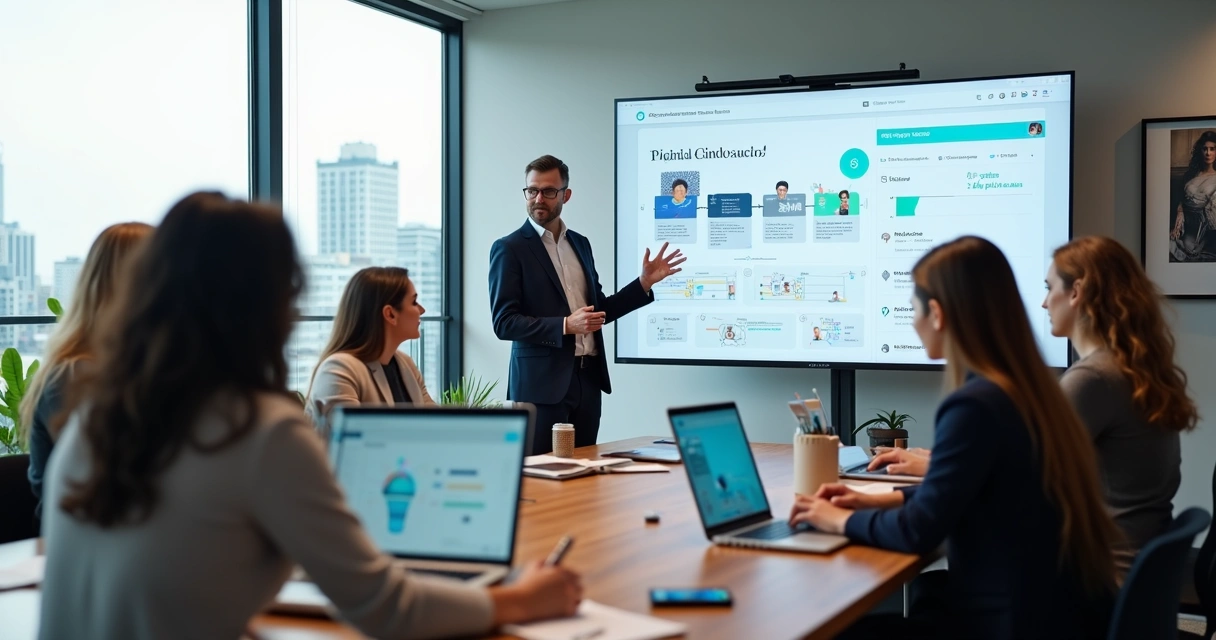 Treinamento de novos corretores digitais em sala moderna com telão e notebooks 