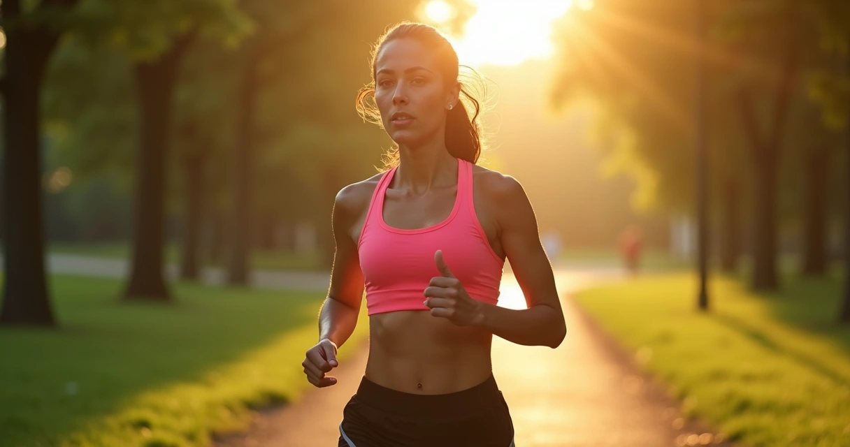 Corredora em roupa esportiva treinando ao ar livre com sol 