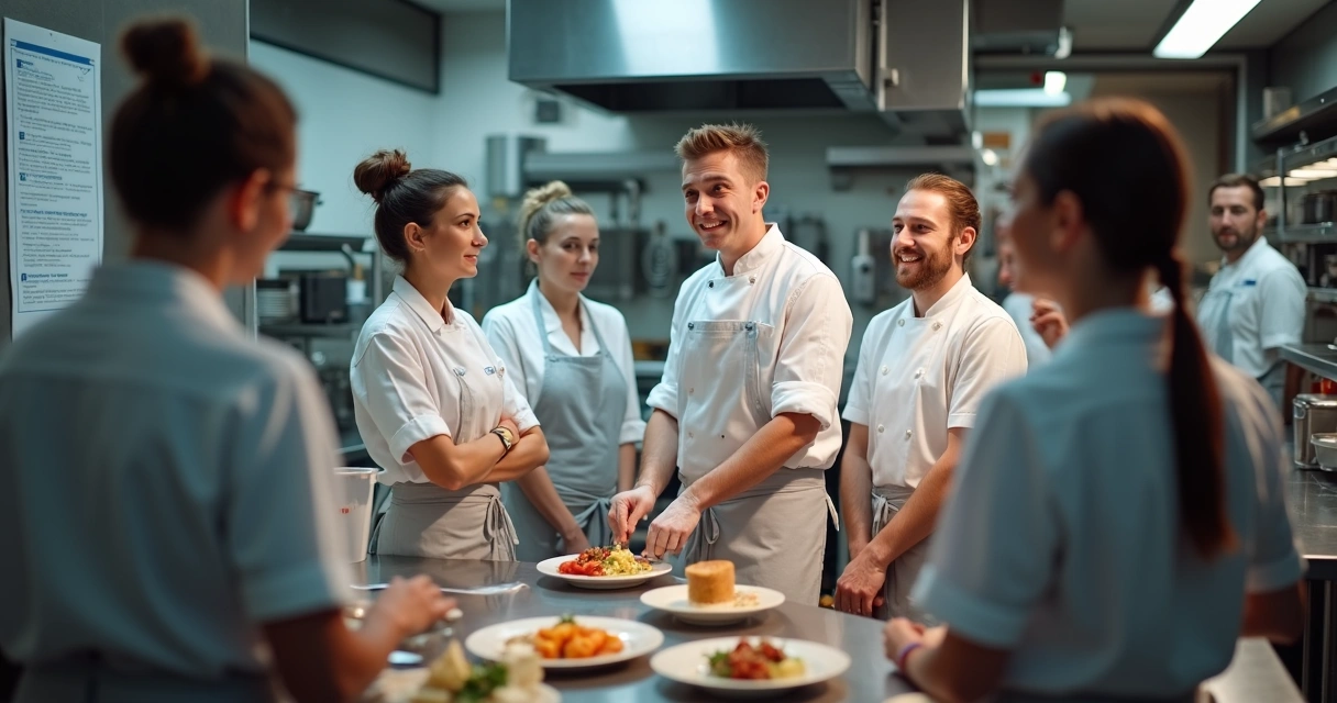 Equipe de cozinha recebendo treinamento 