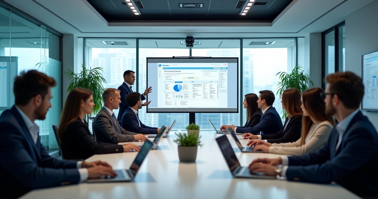 Treinamento de equipe B2B usando CRM em sala moderna 