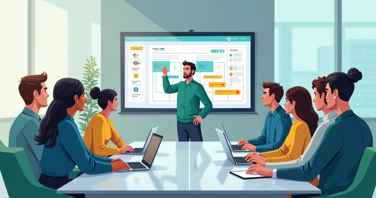Treinamento presencial de equipe usando sistema CRM com instrutor explicando em telão 