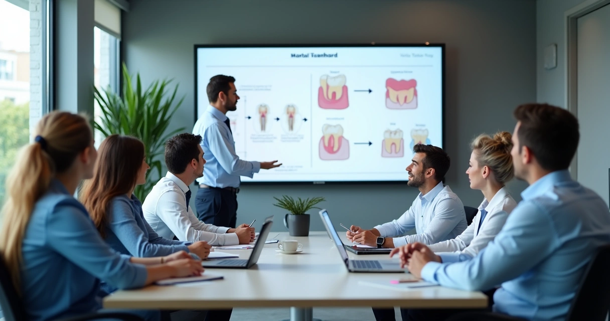 Equipe clínica e comercial em treinamento conjunto, assistindo apresentação em tela grande