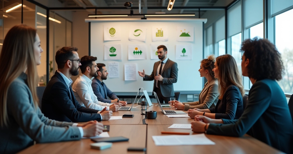 Treinamento sobre cultura ESG em oficina moderna, equipe de diferentes idades 