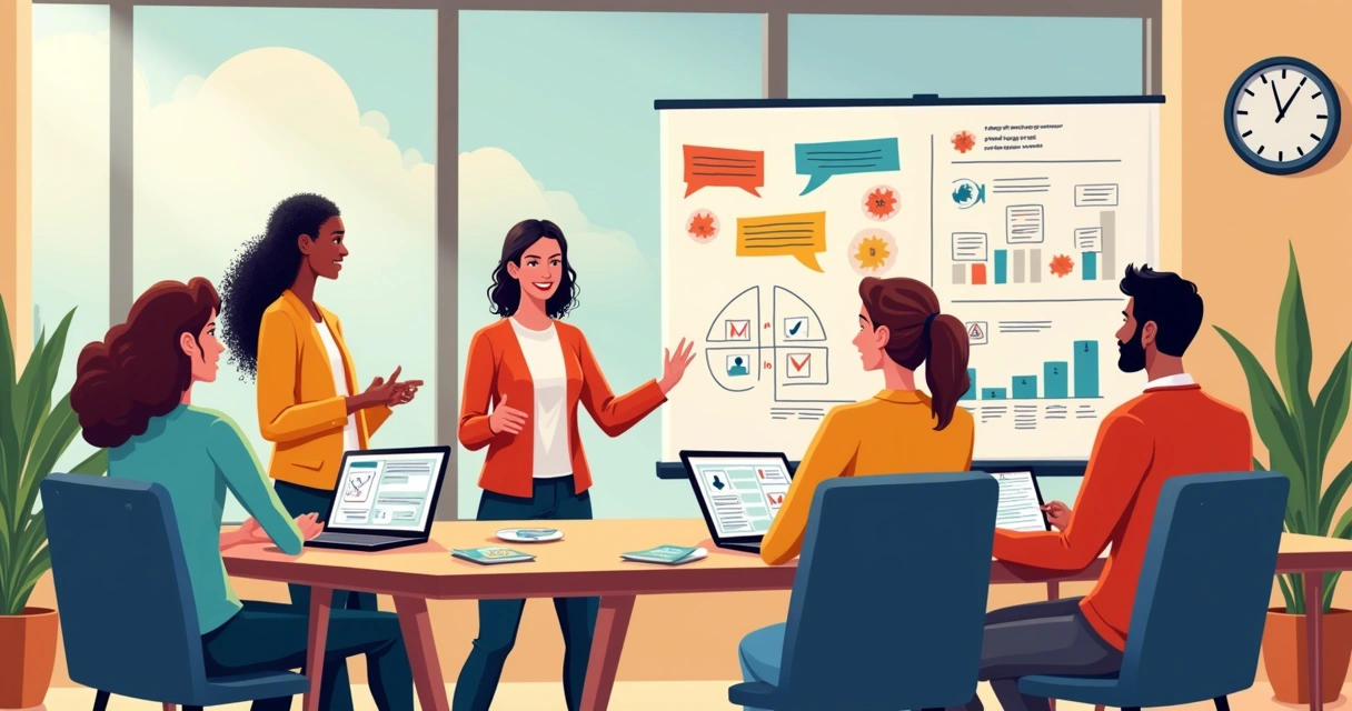 Ilustração de um ambiente de escritório onde uma equipe diversificada participa de um treinamento sobre práticas centradas no cliente.