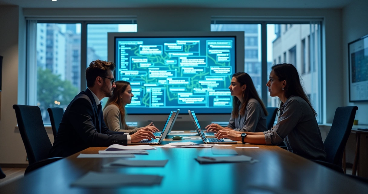 Reunião de equipe analisando dados de atendimento para IA 