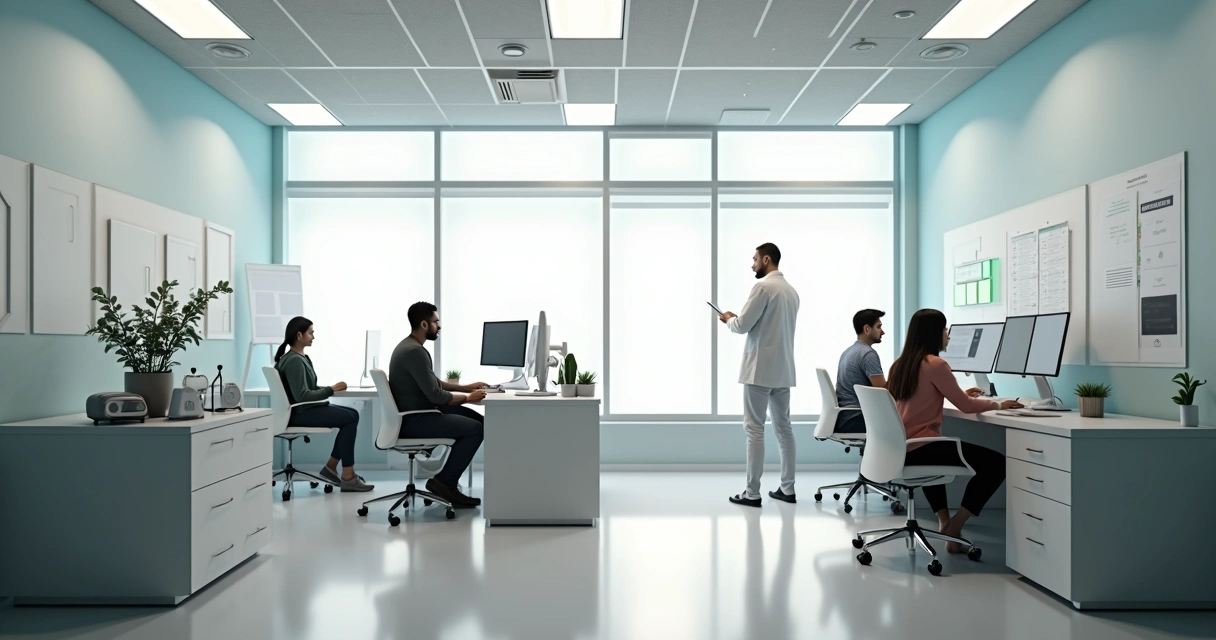 Equipe de clínica odontológica sentada em círculo durante treinamento 