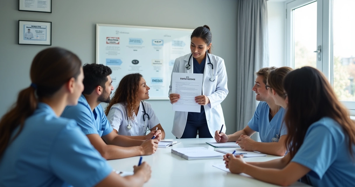 Equipe de clínica odontológica em treinamento prático em sala de reunião 