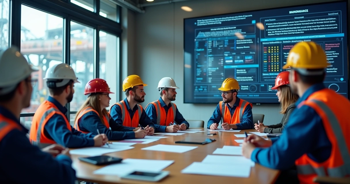 Equipe reunida em sala industrial analisando painel FMEA digital 