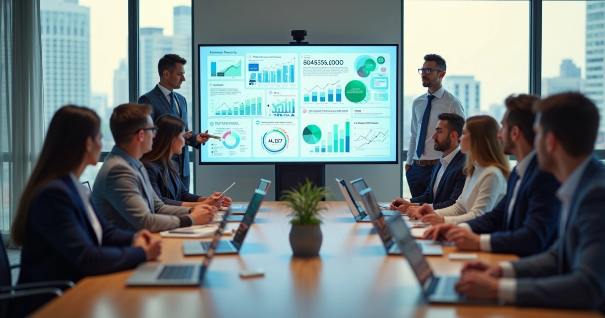 Equipe de RH em treinamento corporativo usando tecnologia em sala de reunião moderna 