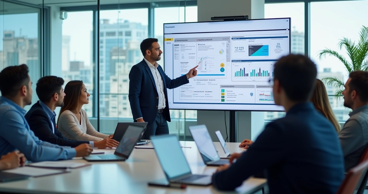 Equipe corporativa em treinamento com instrutor e painel de indicadores de desempenho 