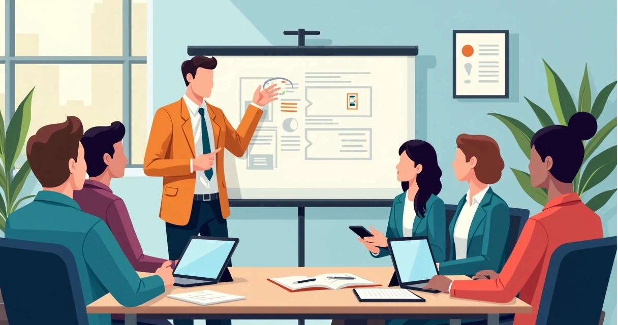 Time assistindo treinamento com instrutor em frente a quadro interativo. 