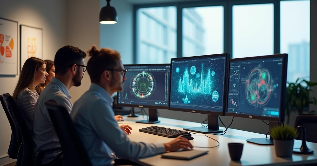 Funcionários participam de curso online em ambiente de trabalho moderno