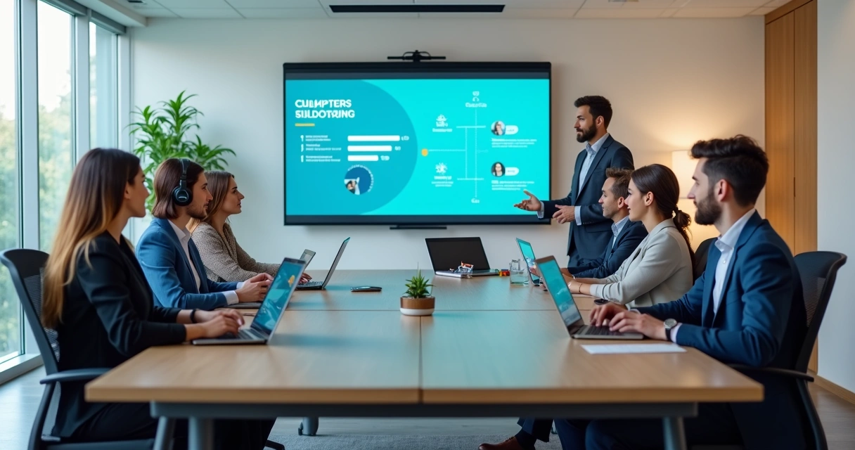 Equipe híbrida acompanhando treinamento digital com monitores e tablets em um escritório moderno 