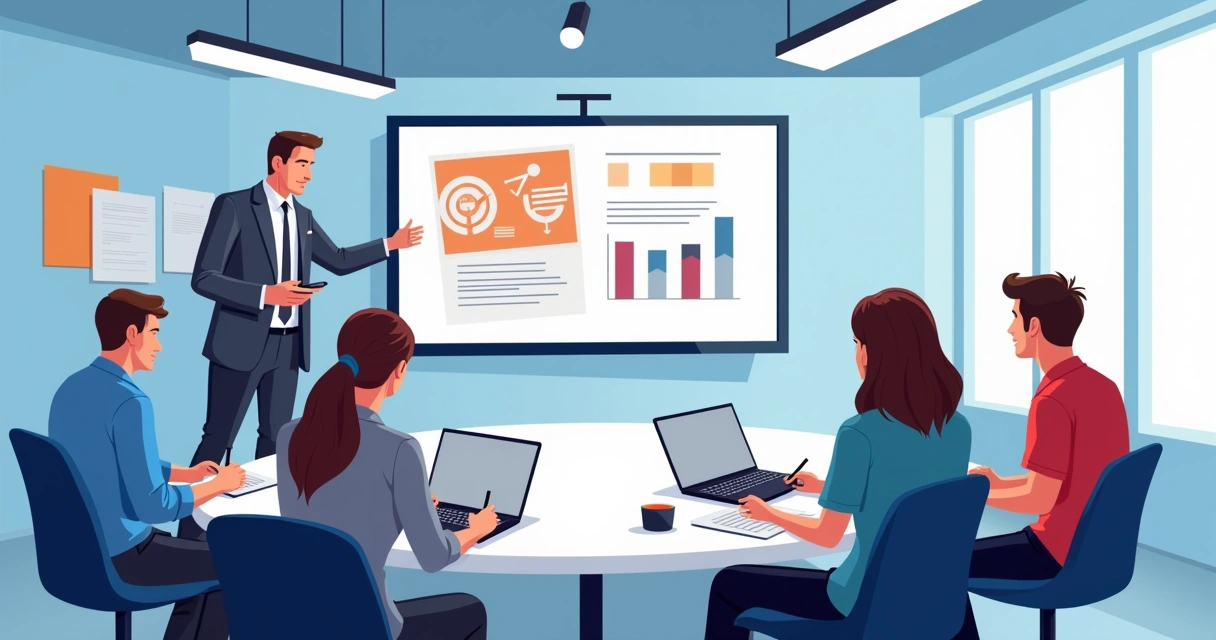 Equipe sindical em treinamento digital, aprendendo com especialista em sala moderna