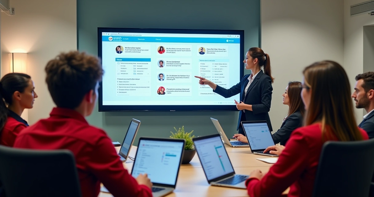 Equipe de franquia participando de treinamento digital na tela 