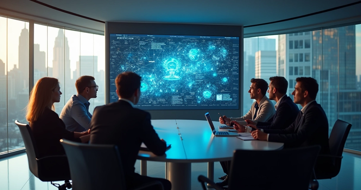 Líderes em reunião estratégica com painel digital mostrando dados confidenciais