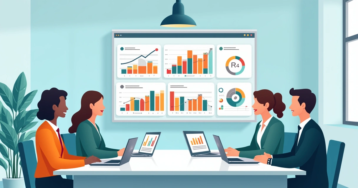 Equipe de RH analisando gráficos de retorno de treinamento digital em notebooks 