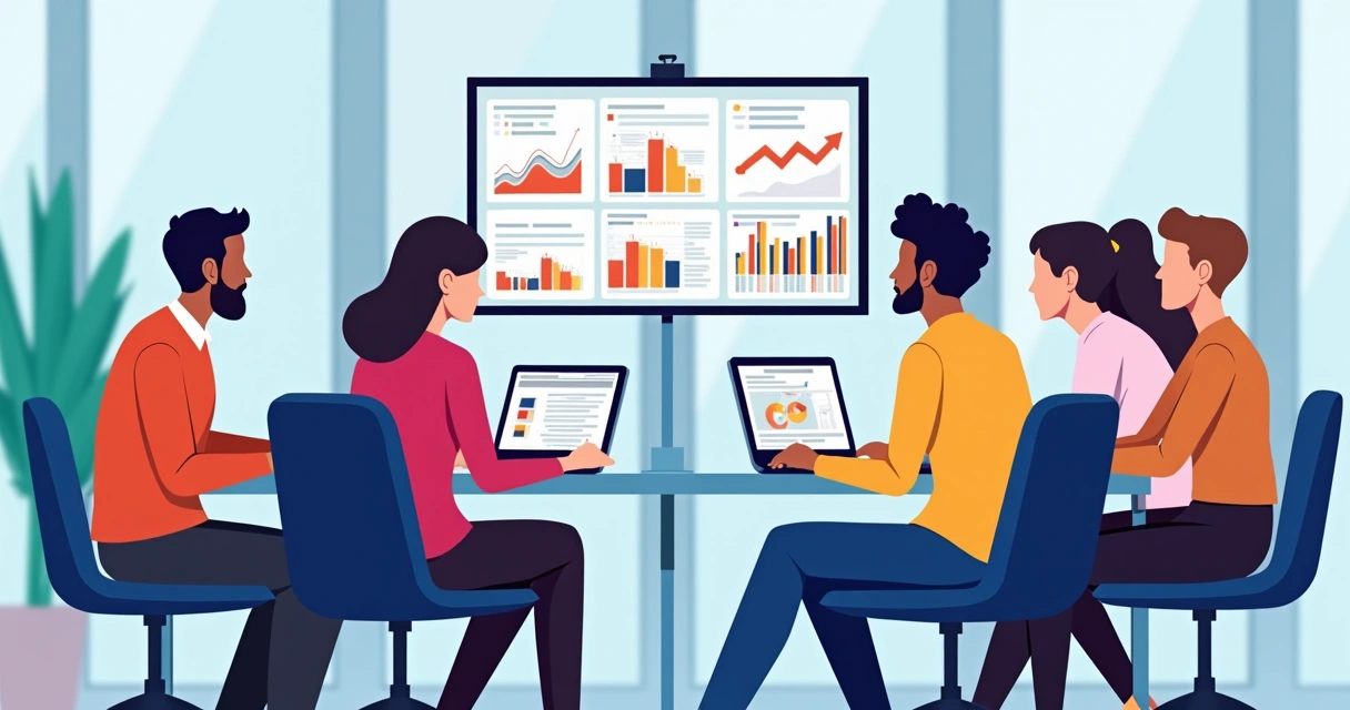 Grupo diverso de jovens profissionais utilizando notebook em ambiente corporativo, analisando gráficos de desempenho 