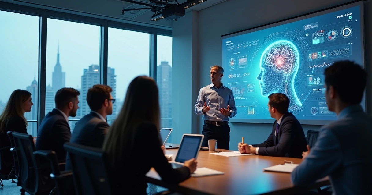 Equipe de vendas recebendo treinamento sobre IA em sala moderna 